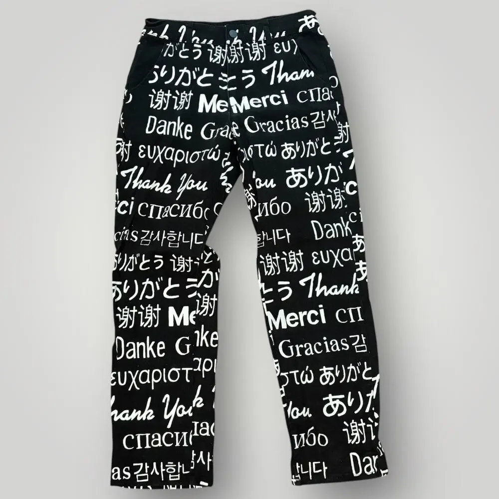 Chinatown Market Jeans 32 x 26 Thank You All Over Print Black Streetwear Pants